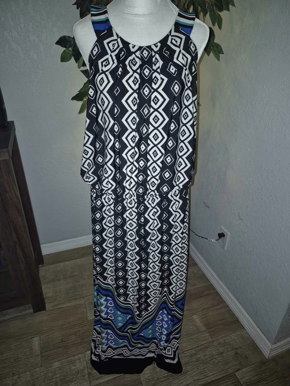 Enfocus Studio Black & White Geometric Maxi Dress with Blue Trim
